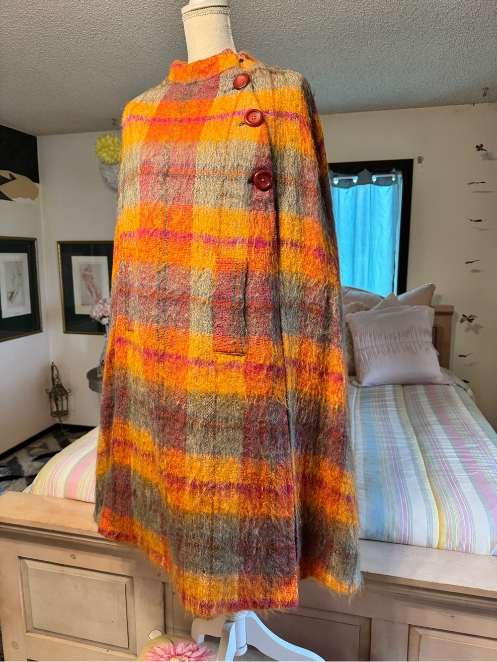 Vintage 1960’s Burnt Orange Plaid Mohair Cape